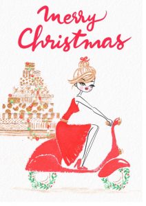 Christmas greeting card with a woman in a red dress riding a vespa scooter full of Christmas gifts