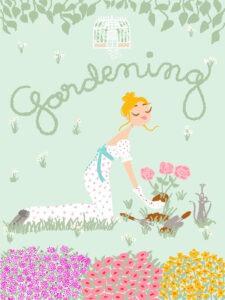 woman doing some gardening. Romantic cover design illustration and art. Daphne like character from Bridgerton series, theres a conservatory in the background.
