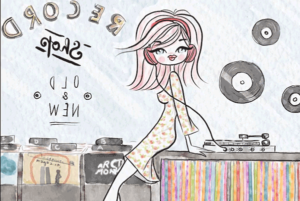 Woman at vinyl record shop animation