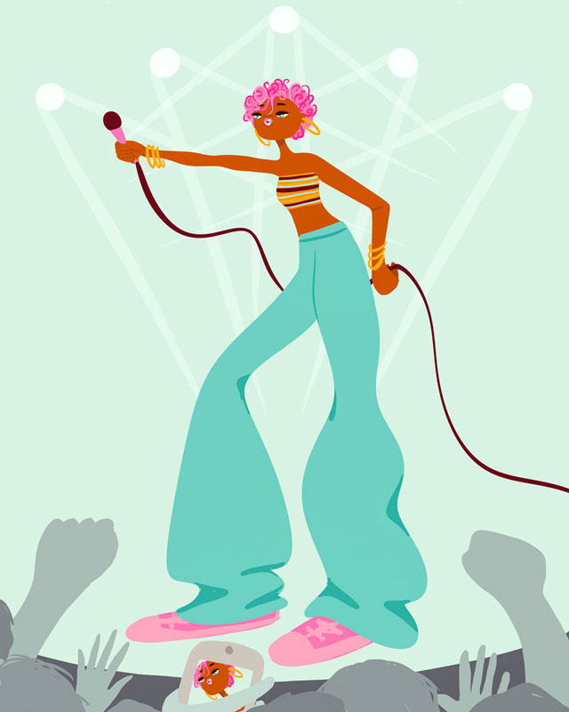 female-singer-at-concert-illustration-Paula-Romani-illustrator-artist-trendy